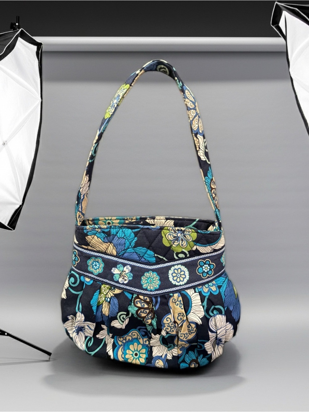 Vera Bradley Navy Floral Quilted Shoulder Bag with Teal & Cream Accents